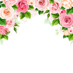 Background frame with pink and white rose flowers. Vector roses card design