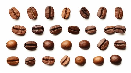 An array of coffee beans showcasing various forms and details, isolated against a clean white backdrop, highlighting the beauty and diversity of each bean
