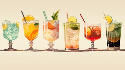 Flat vector design of various colorful cocktails showcasing a clean and minimalist artistic style