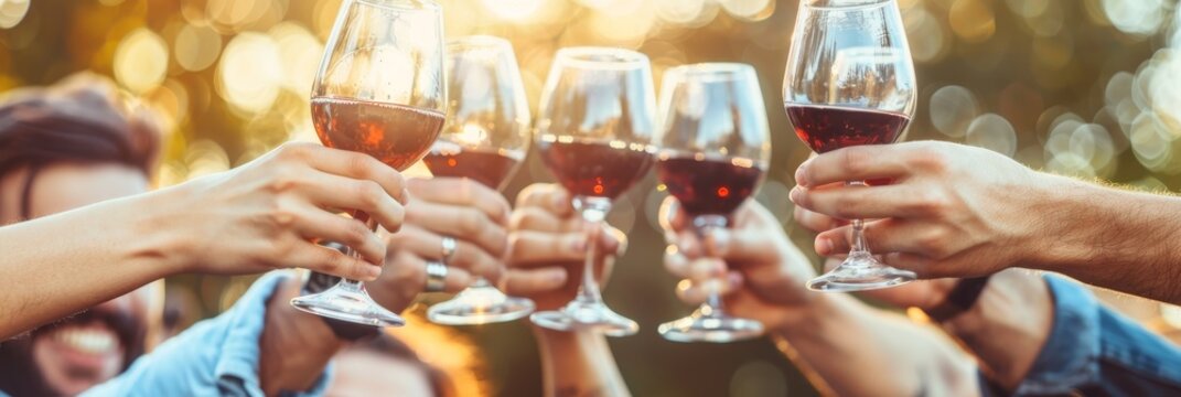 Group of friends celebrating with red wine toasts at an outdoor summer party gathering