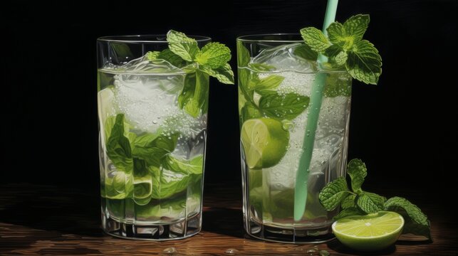 Two digital oil painting style lime and mint highball drinks creating a refreshing homemade look