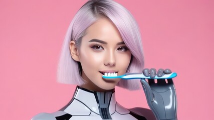 stylish girl with a toothbrush in her hand with cool hair color on a pink background in the style of cybernetics. Self care, health and beauty concept