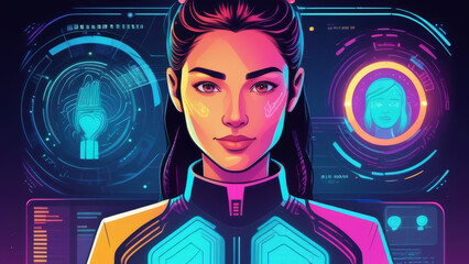 Futuristic female character with neon highlights and HUD interface elements around