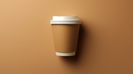 Front view of Eco friendly paper cup for coffee with White lid, isolated on solid Brown background. Zero waste, plastic free concept. Sustainable lifestyle. Front view