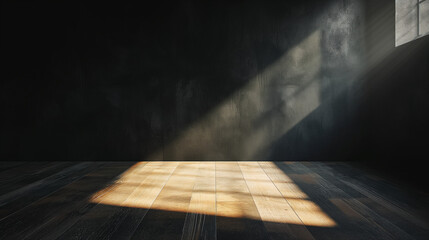 Empty dark room with a window, moonlight through the window, shadows, rays of light. Generated with...