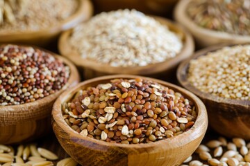 A variety of whole grains including brown rice, quinoa, oats, and barley arranged in bowls, symbolizing a nutritious diet for a healthy lifestyle. - obrazy, fototapety, plakaty