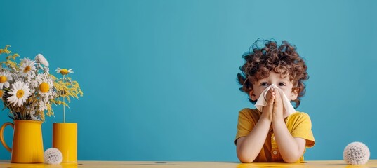 Young ill boy blowing nose into tissue with empty space for text insertion in close up view