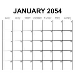 january 2054. monthly calendar design. week starts on sunday. printable, simple, and clean vector design isolated on white background.