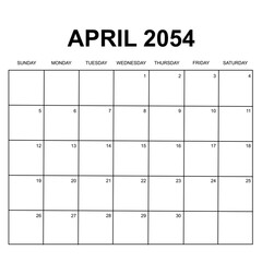 april 2054. monthly calendar design. week starts on sunday. printable, simple, and clean vector design isolated on white background.