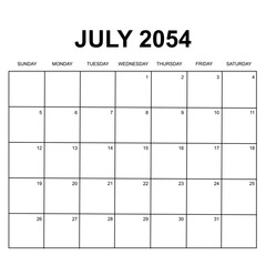 july 2054. monthly calendar design. week starts on sunday. printable, simple, and clean vector design isolated on white background.