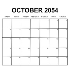 october 2054. monthly calendar design. week starts on sunday. printable, simple, and clean vector design isolated on white background.