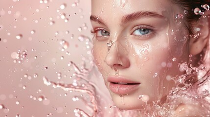 A woman decorated with delicate water drops Reminiscent of youth and innocence. The splash of water is reminiscent of an advertisement for a luxury facial cleanser. soft glow