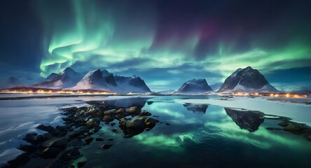 Aurora borealis on the Lofoten islands, Norway. Night sky with polar lights. Night winter landscape with aurora and reflection on the water surface. Natural background - obrazy, fototapety, plakaty
