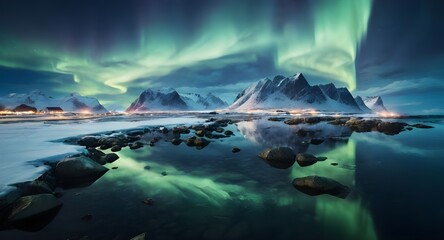 Aurora borealis on the Lofoten islands, Norway. Night sky with polar lights. Night winter landscape with aurora and reflection on the water surface. Natural background - obrazy, fototapety, plakaty