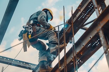 a welder who is welding steel on a steel roof frame. Working at height equipment. - obrazy, fototapety, plakaty