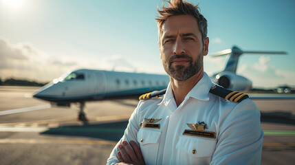 portrait of man caucasian pilot of commercial airplane - obrazy, fototapety, plakaty