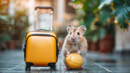 A hamster with yellow ball next to a suitcase on tile, AI