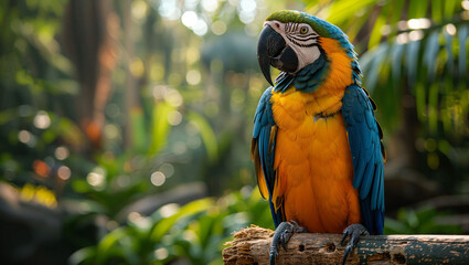 A parrot articulately talking, perched in a lush green setting, displaying its vivid feathers and engaging in mimicry - obrazy, fototapety, plakaty