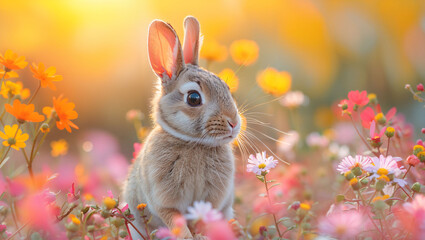 A rabbit hopping in a serene meadow, showcasing its agility and playfulness, with a backdrop of wildflowers and soft sunlight