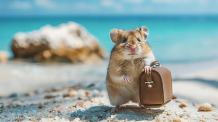 A hamster with a brown suitcase on the beach, AI