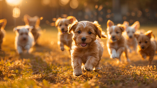 A joyful puppy playtime scene in a sunny park, with fluffy puppies tumbling and chasing, exuding happiness and energy