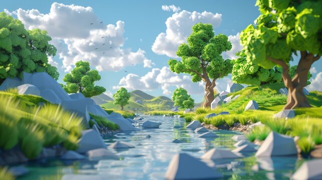 A 3d rendering of a river with trees and grass, AI