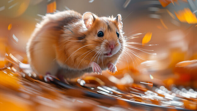 A hamster energetically running on its wheel, depicting motion and the pets playful nature in a well-lit, cheerful environment