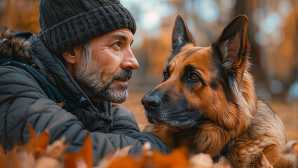 A focused dog training session in a park, capturing the bond between the dog and its trainer, highlighting obedience and companionship - obrazy, fototapety, plakaty