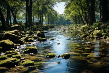 A river flows through a forest with trees, rocks, and grass