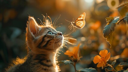 A kitten pouncing playfully on a fluttering butterfly in a lush garden, capturing a moment of innocence and exploration amid vibrant flowers - obrazy, fototapety, plakaty
