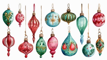 A set of watercolor christmas ornaments hanging from a string, AI - obrazy, fototapety, plakaty