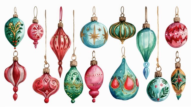 A set of watercolor christmas ornaments hanging from a string, AI