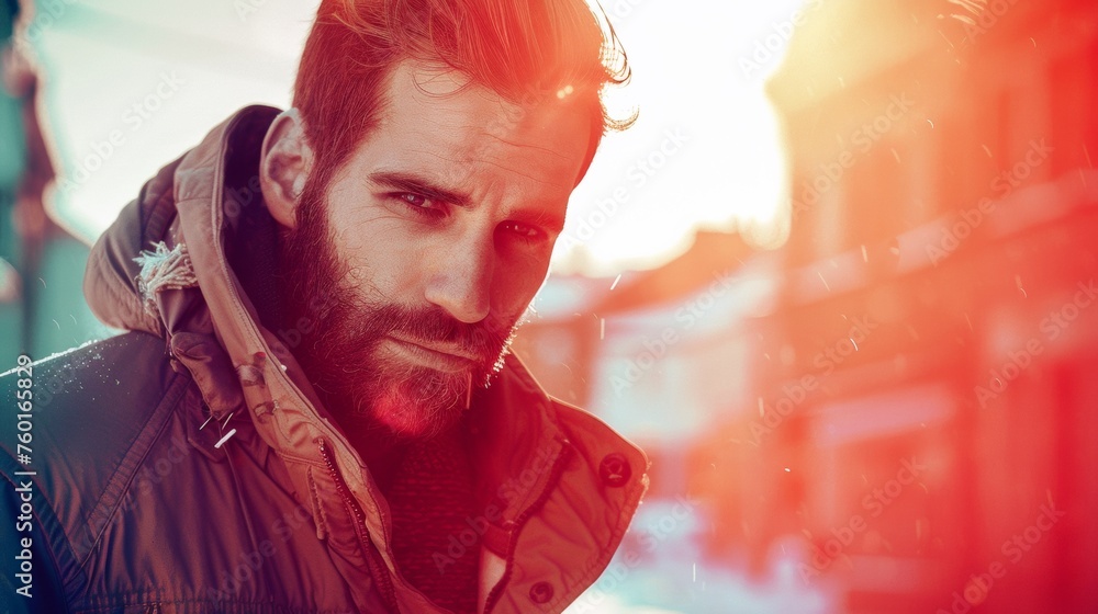 Canvas Prints A man with a beard and jacket standing outside in the snow, AI