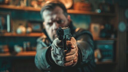 A man holding a gun in his hand and pointing it at the camera, AI - obrazy, fototapety, plakaty