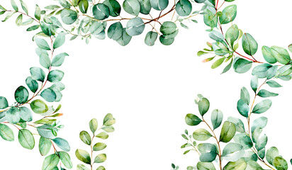 watercolor floral frame with eucalyptus green leaves and branch on transparent backgrund, hand draw, for wedding invitation, greeting and design template - obrazy, fototapety, plakaty