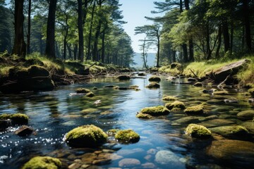 A serene river flows through a lush forest, bordered by trees and rocks