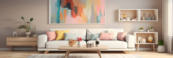 Fototapeta na wymiar Contemporary Living Room Decoration with Pastel Shades and Indoor Plants