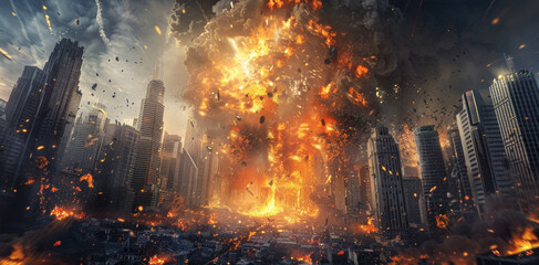A city is being destroyed by a huge explosion, AI - obrazy, fototapety, plakaty