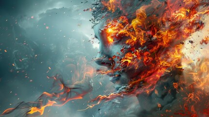 A digital painting of a woman with fire and smoke coming out her head, AI