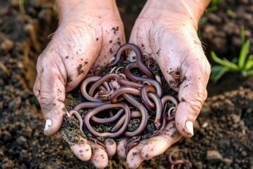 A pair of human hands gently cradling a cluster of active earthworms amidst rich, dark fertile soil, symbolizing sustainable agriculture and soil health.
