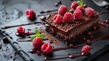 A piece of a chocolate cake with raspberries on top, AI
