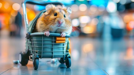 A hamster in a shopping cart with its head sticking out, AI