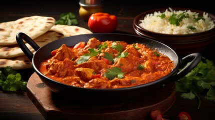 An enticing Indian cuisine setup, chicken tikka masala in a skillet, served alongside rice and naan bread on rustic tableware
