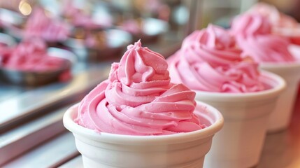 A row of cups filled with pink frosting sitting on a counter, AI