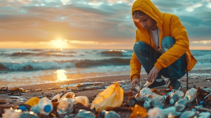 A person in a yellow jacket kneeling on the beach picking up trash, AI - Powered by Adobe