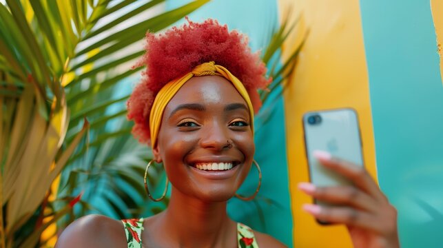 A Woman With A Red Afro Holding Up Her Cell Phone, AI