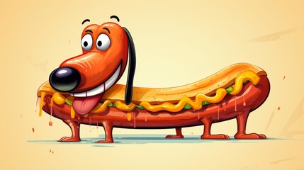 A fun 2D animation style illustration of an elongated hot dog with friendly face and mustard smile against a warm tan background
