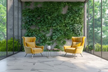 A modern office interior featuring green walls and ecofriendly elements, promoting a sustainable and environmentally conscious workplace culture. A commitment to green living. - obrazy, fototapety, plakaty