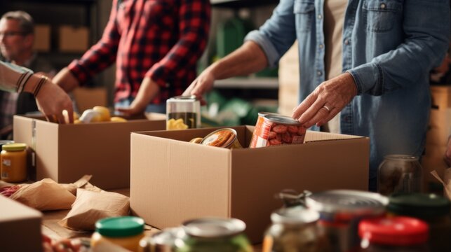 Hands of volunteers organizing and packing canned food donations into cardboard boxes, depicting charity work and aid
