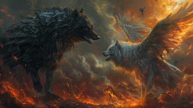 Two wolves fighting in a fiery landscape with flames and fire, AI